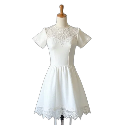 dress, white, lace-trimmed, fitted transparent PNG cut-out