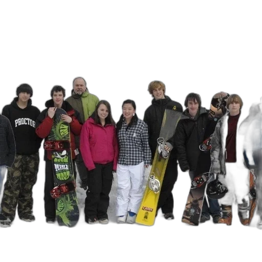 staff, group, snowboarders, pose transparent PNG cut-out