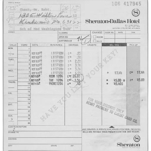 receipt, sheraton-dallas, hotel, showing transparent PNG cut-out