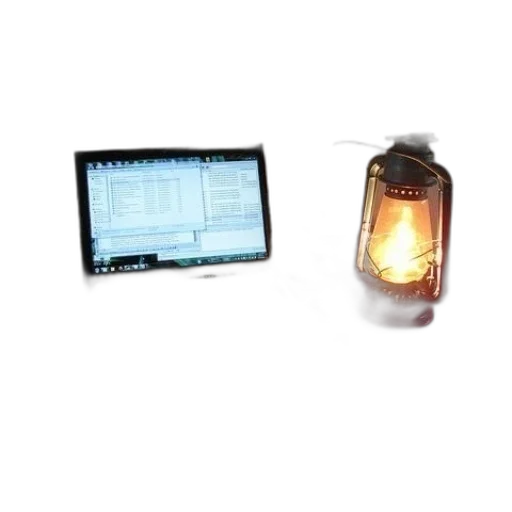 laptop, sits, desk, lantern transparent PNG cut-out