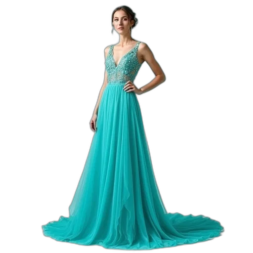 dress, green, blue, long transparent PNG cut-out