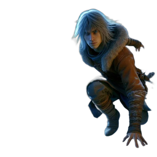 creature, jacket, hair, staff transparent PNG cut-out