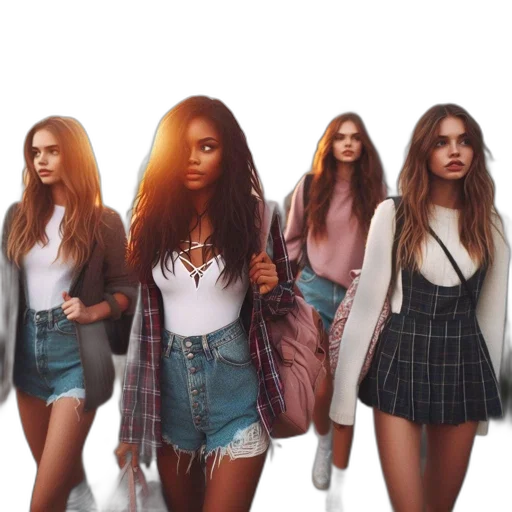 four, young, women, walk transparent PNG cut-out