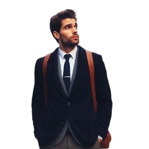 jacket, staff, face, photorealistic transparent PNG cut-out