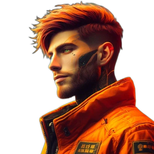 jacket, face, staff, cyberpunk transparent PNG cut-out