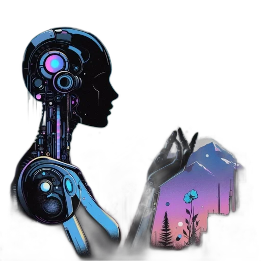 robot, cyberpunk, concept art, vaporwave transparent PNG cut-out