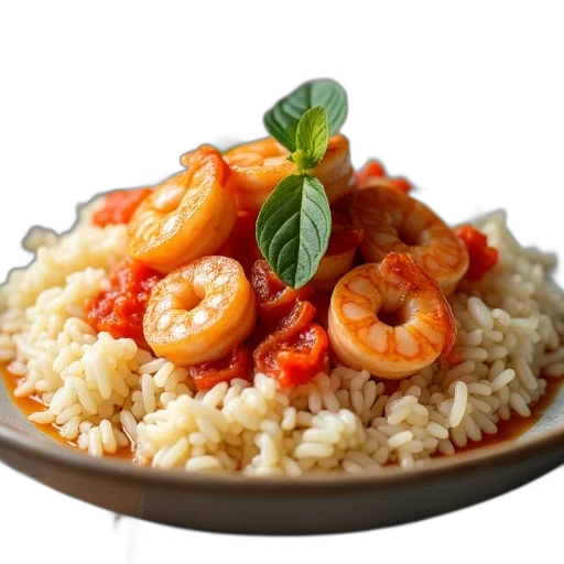 food, photorealistic, shrimp, rice transparent PNG cut-out