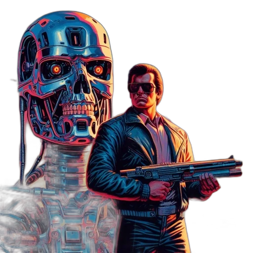 robot, jacket, weapon, comic book art transparent PNG cut-out