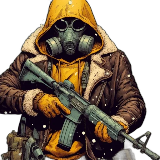 jacket, mask, weapon, concept art transparent PNG cut-out