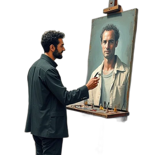 face, jacket, staff, oil painting transparent PNG cut-out