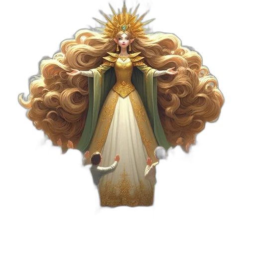 crown, dress, hair, staff transparent PNG cut-out