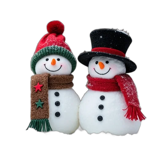 snow, two, snowmen, standing transparent PNG cut-out