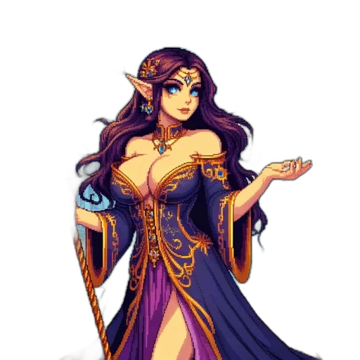 dress, staff, fantasy art, pixel art transparent PNG cut-out