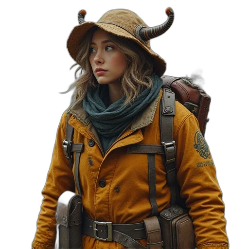 hat, jacket, staff, weapon transparent PNG cut-out