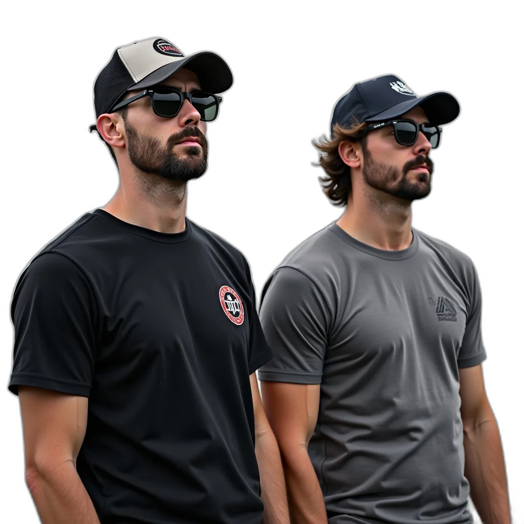 two, men, standing, outdoors transparent PNG cut-out