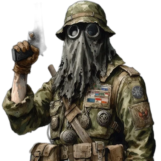 mask, jacket, creature, weapon transparent PNG cut-out
