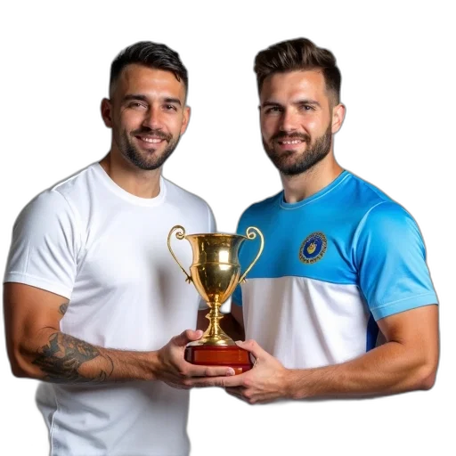 two, men, holding, trophy transparent PNG cut-out