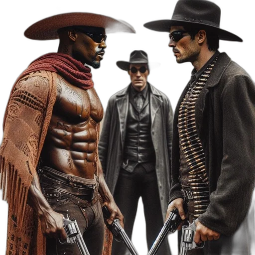 comic book art, concept art, three, men transparent PNG cut-out