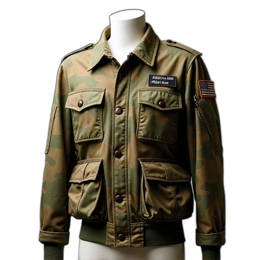 jacket, photorealistic, military-style, camouflage transparent PNG cut-out