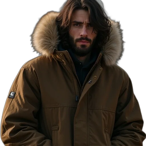 jacket, hair, face, photorealistic transparent PNG cut-out