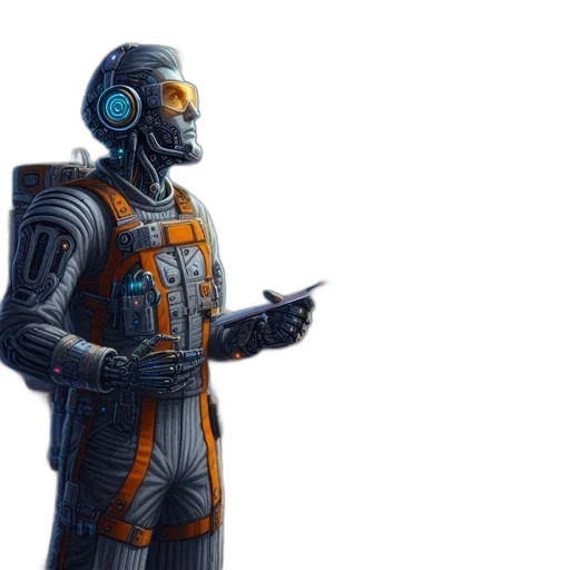 robot, jacket, staff, concept art transparent PNG cut-out