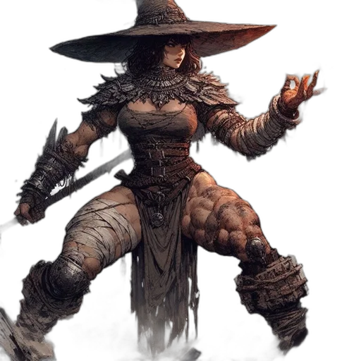 staff, hat, dress, weapon transparent PNG cut-out