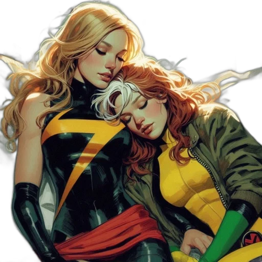 comic book art, golden, two, female transparent PNG cut-out