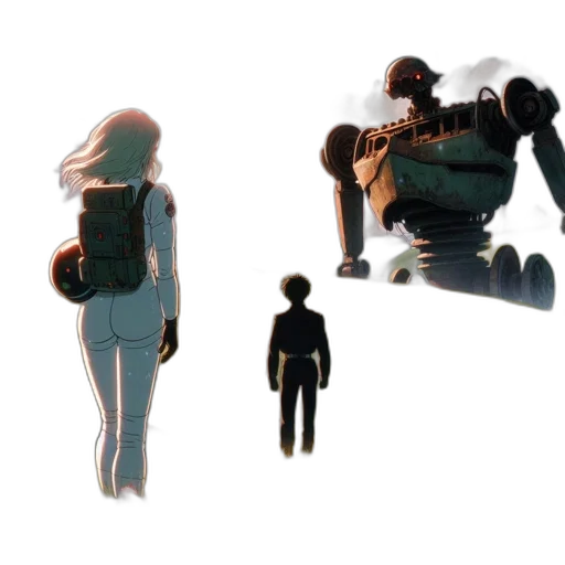 robot, jacket, creature, staff transparent PNG cut-out