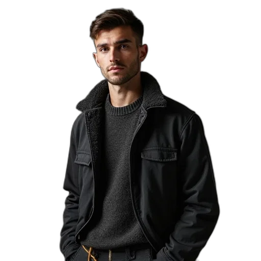 jacket, staff, face, photorealistic transparent PNG cut-out