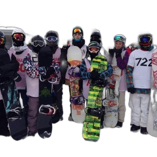 group, snowboarders, pose, photo transparent PNG cut-out