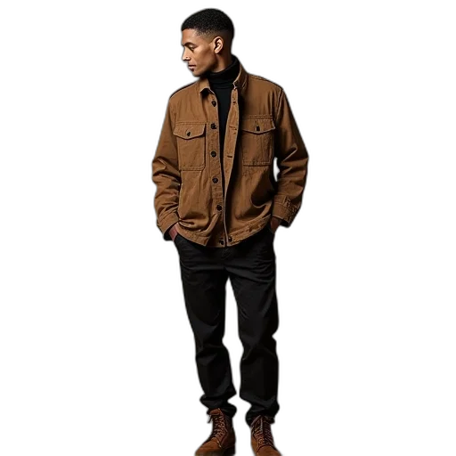 jacket, staff, photorealistic, earth tones transparent PNG cut-out