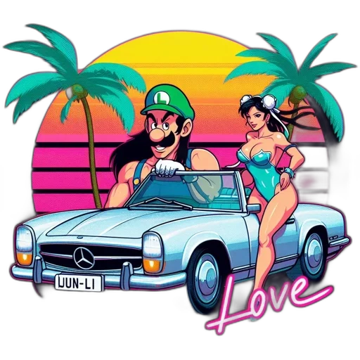 car, vaporwave, pixel art, cartoon transparent PNG cut-out