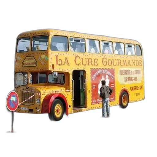 yellow, double-decker, bus, words transparent PNG cut-out