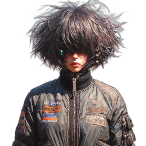 jacket, hair, face, robot transparent PNG cut-out