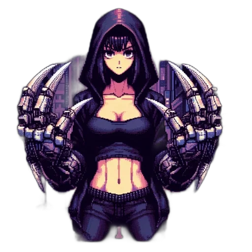 robot, weapon, pixel art, cyberpunk transparent PNG cut-out