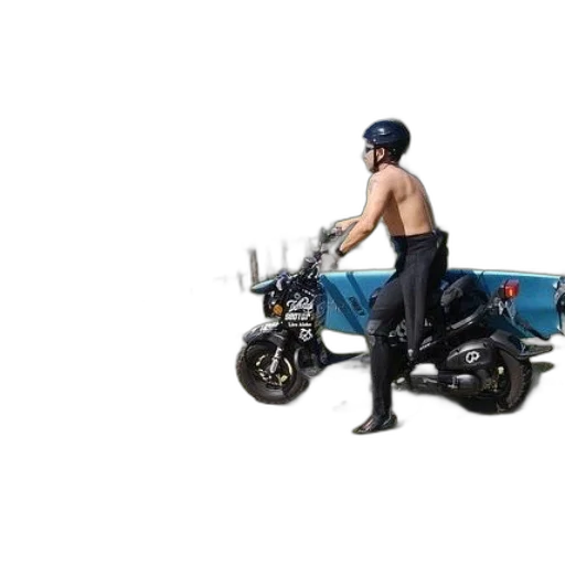 concept art, man, motorcycle, surfboard transparent PNG cut-out