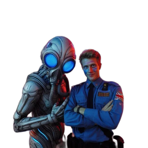 robot, jacket, creature, staff transparent PNG cut-out