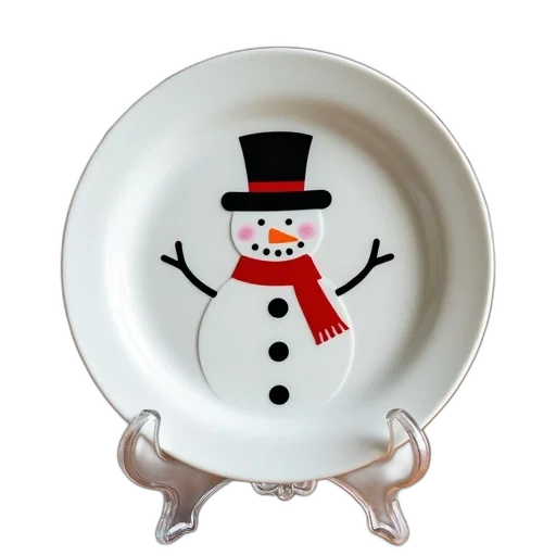 white, ceramic, plate, snowman transparent PNG cut-out
