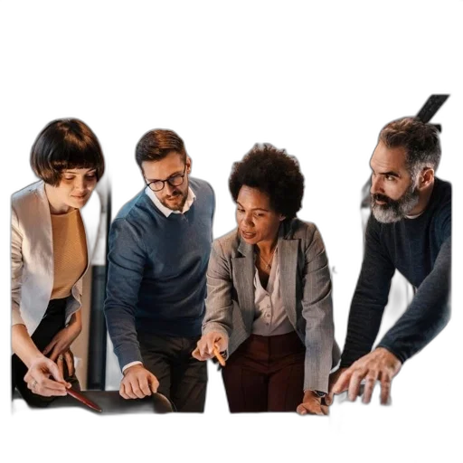 staff, four, diverse, individuals transparent PNG cut-out
