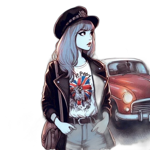 jacket, hat, car, comic book art transparent PNG cut-out