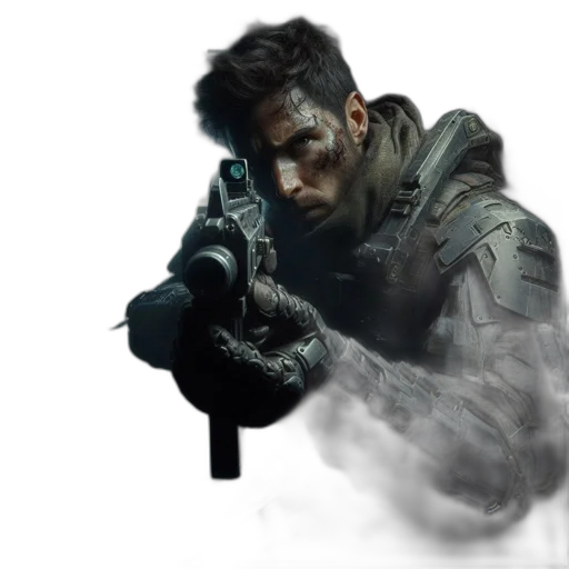 weapon, jacket, face, concept art transparent PNG cut-out