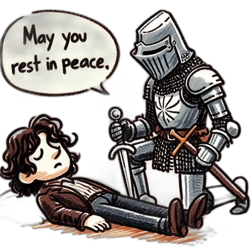 comic book art, knight, kneels, beside transparent PNG cut-out