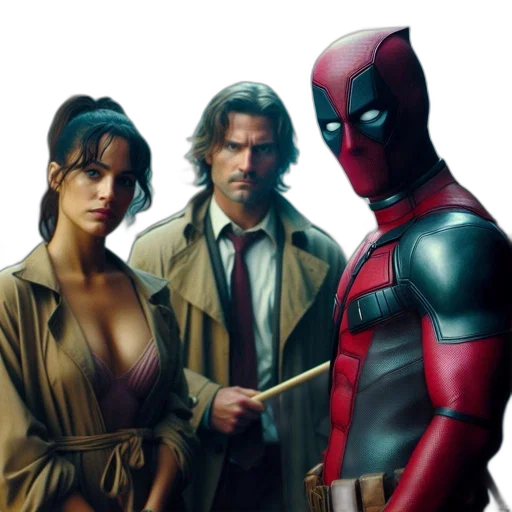 comic book art, concept art, three, characters transparent PNG cut-out