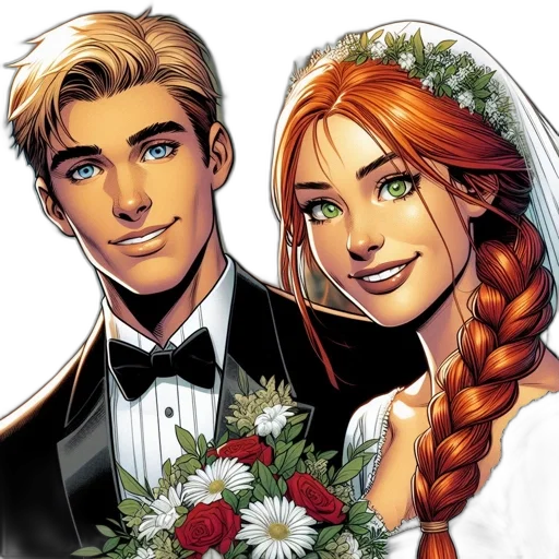 comic book art, wedding, ceremony, formally transparent PNG cut-out