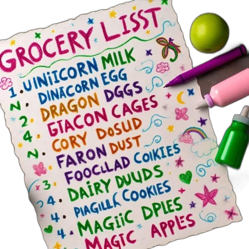 colorful, whimsical, grocery, list transparent PNG cut-out