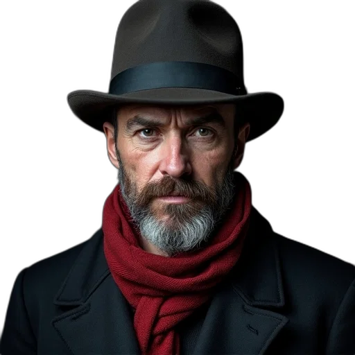 hat, jacket, face, staff transparent PNG cut-out