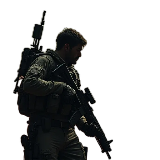 weapon, staff, jacket, face transparent PNG cut-out