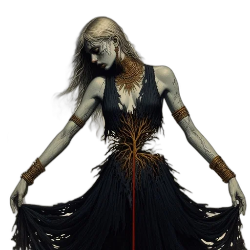 dress, staff, jewelry, creature transparent PNG cut-out