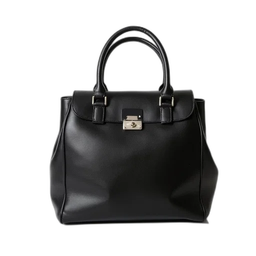 black, leather, handbag, silver transparent PNG cut-out
