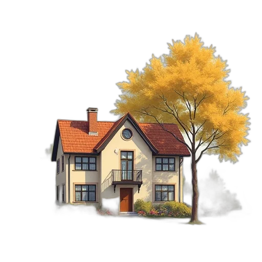 building, tree, watercolor, photorealistic transparent PNG cut-out